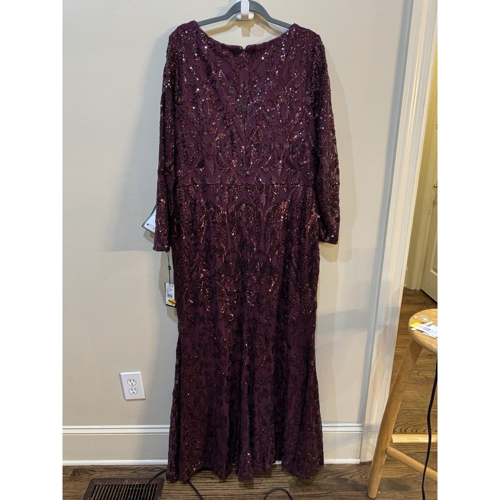 Adrianna Papell Plus Size Long Sleeve Stretch Sequin Mermaid Gown In Cassis - Picture 5 of 14
